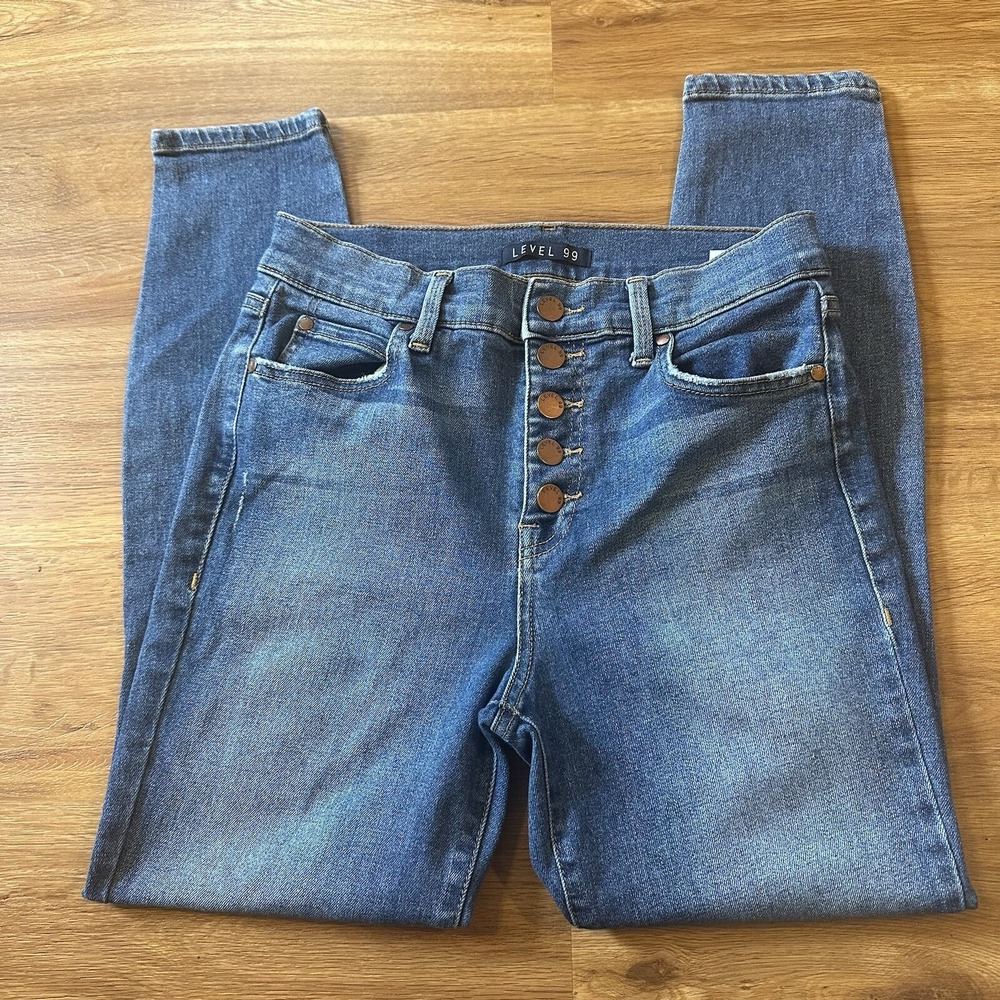Anthropologie Level 99 Adore Skinny Straight Jeans Button Fly Medium Wash 28